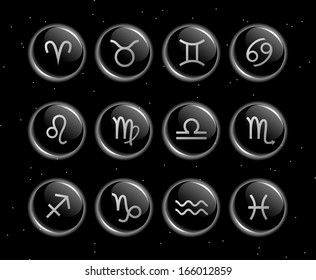 Horoscope glassy signs vector collection on a black sky