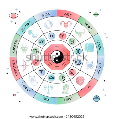 Horoscope Gradient Zodiac Signs Circle. Vector Illustration of Celestial Symbols. Astrology and Future Prediction.