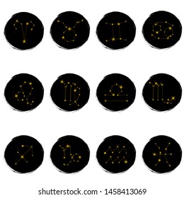 Horoscope. A group of zodiac signs in constellation style making with gold line and stars on black background. A collection set of astrology symbols on isolated background.