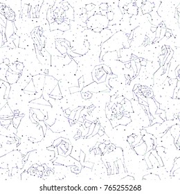 Horoscope hand draw seamless pattern, all Zodiac signs in constellation style with line and stars on endless background. Doodle background of starry zodiac symbols