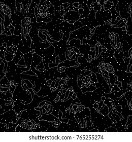 Horoscope hand draw seamless pattern, all Zodiac signs in constellation style with line and stars on endless background. Doodle background of starry zodiac symbols