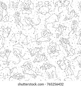 Horoscope hand draw seamless pattern, all Zodiac signs in constellation style with line and stars on endless background. Doodle background of starry zodiac symbols