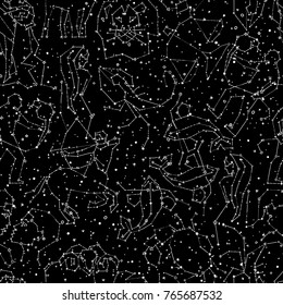 Horoscope hand draw seamless pattern, all Zodiac signs in constellation style with line and stars on endless background. Doodle background of starry zodiac symbols