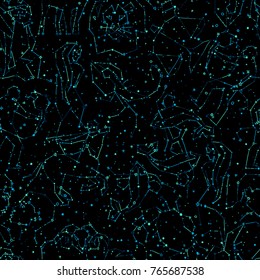 Horoscope hand draw seamless pattern, all Zodiac signs in constellation style with line and stars on endless background. Doodle background of starry zodiac symbols