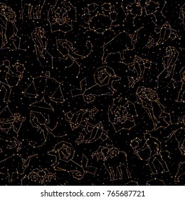 Horoscope hand draw seamless pattern, all Zodiac signs in constellation style with line and stars on endless background. Doodle background of starry zodiac symbols