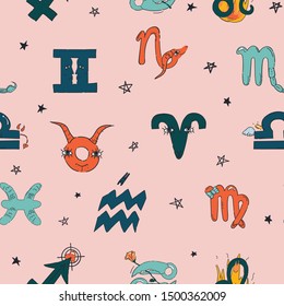 Horoscope hand drawn seamless pattern for wrapping paper, coverage, fabric and other print. Fun and trendy doodle style vector illustration.