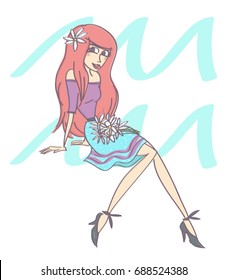 Horoscope hand drawn style vector illustration of pretty Aquarius woman with zodiac symbol, isolated on white background