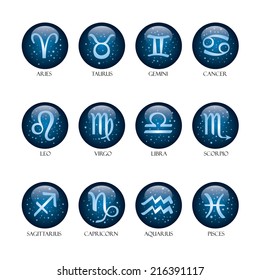 Horoscope icons set - twelve of zodiac signs: libra, gemini, taurus, aries, capricorn, cancer, aquarius, sagittarius, leo and etc