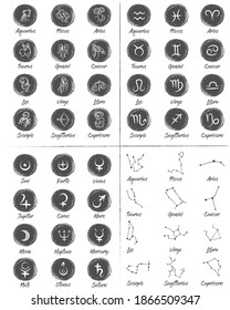 Horoscope icon.Zodiac circle symbols and constellation icon.Set of simple round zodiac icons with lettering.Planet Symbols.Big esoteric set in line art black and white color geometric.Charcoal pencil.