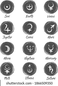 Horoscope icon.Zodiac circle symbols and constellation icon.Set of simple round zodiac icons with lettering.Planet Symbols.Big esoteric set in line art black and white color geometric.Charcoal pencil.