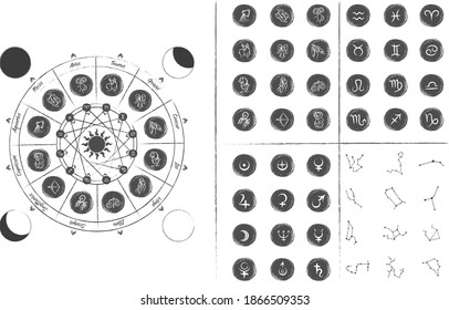 Horoscope icon.Zodiac circle symbols and constellation icon.Set of simple round zodiac icons with lettering.Planet Symbols.Big esoteric set in line art black and white color geometric.Charcoal pencil.