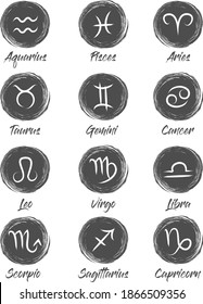 Horoscope icon.Zodiac circle symbols and constellation icon.Set of simple round zodiac icons with lettering.Planet Symbols.Big esoteric set in line art black and white color geometric.Charcoal pencil.