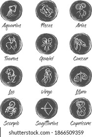 Horoscope icon.Zodiac circle symbols and constellation icon.Set of simple round zodiac icons with lettering.Planet Symbols.Big esoteric set in line art black and white color geometric.Charcoal pencil.