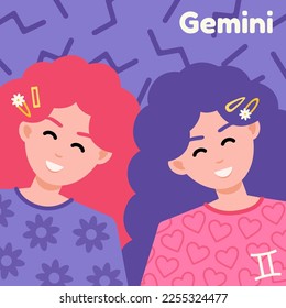 Horoscope. Illustration of Gemini astrological sign as two beautiful girls. Flat style.