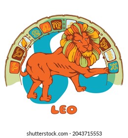 horoscope of a lion. Image of a mythical zodiac animal. Colored illustration for calendar design