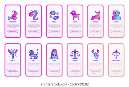 Horoscope mobile user interface with thin line icons and copy space. Zodiac signs: capricorn, aquarius, aries, pisces, virgo, libra, scorpio, sagittarius, taurus, gemini, leo. Vector illustration.