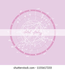 Horoscope natal chart, astrological celestial map, cosmogram, vitasphere, radix. sketch, design, outline, white lilac pink color. Hand drawn calligraphy. Vector