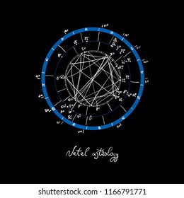 Horoscope natal chart, astrological celestial map, cosmogram, vitasphere, radix. Blue white black color. Hand drawn calligraphy. Vector