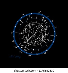 Horoscope natal chart, astrological celestial map, cosmogram, vitasphere, radix. Blue white black color. Hand drawn calligraphy. Vector