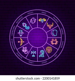 Horoscope Neon Circle. Vector Illustration of Zoodiac Promotion.