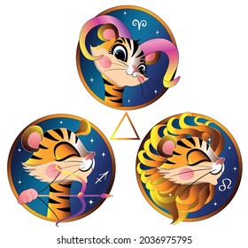 Horoscope for the new 2022 year of the tiger. Zodiac signs of the elements of fire. Aries, leo and sagittarius.