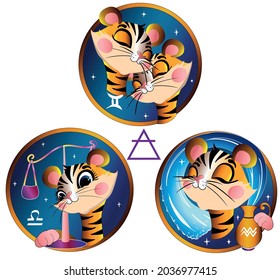 Horoscope for the new 2022 year of the tiger. Zodiac signs of the elements of air. Libra, gemini, aquarius.