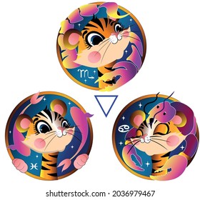Horoscope for the new 2022 year of the tiger. Zodiac signs of the elements of water. Pisces, cancer and scorpio.