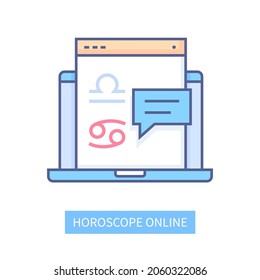 Horoscope online - modern line design style icon on white background. Neat detailed image of laptop with opened window and text box. Astrological forecast, signs of the zodiac. Knowledge accessibility