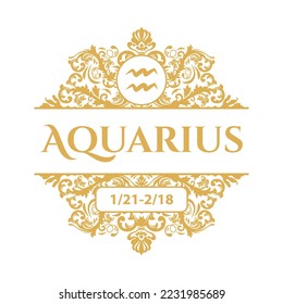 Horoscope ornamental Aquarius framed sign, vector