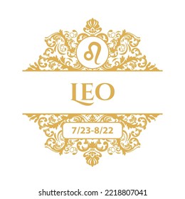 Horoscope ornamental Leo framed sign, vector