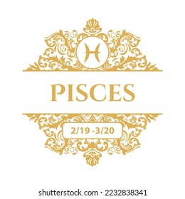 Horoscope ornamental Pisces framed sign, vector