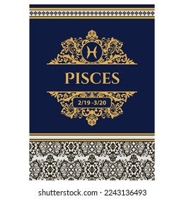 Horoscope ornamental Pisces framed sign, vector