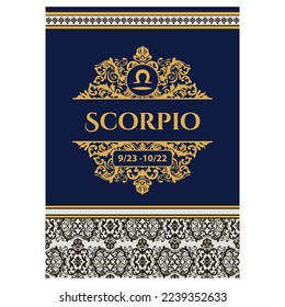 Horoscope ornamental Scorpio framed sign, vector