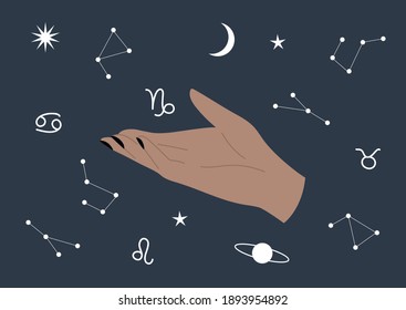 Horoscope pattern, a fortune teller's hand, star map reading