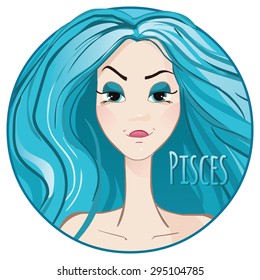 Horoscope Pisces sign, girl head, vector illustration