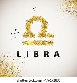 Horoscope predicts your destiny. Libra Zodiac Sign Gold Tinsel, scattered on white background. Black circles and stars and patches of light. Golden Glitter Particle. Trendy Gold Glitter Texture.