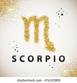 Horoscope predicts your destiny. Scorpio Zodiac Sign Gold Tinsel, scattered on white background. Black circles and stars and patches of light. Golden Glitter Particle. Trendy Gold Glitter Texture.