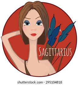 Horoscope Sagittarius sign, girl head, vector illustration