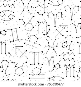 Horoscope seamless pattern, all Zodiac signs in constellation style with line and stars on white background. Endless background of starry zodiac symbols