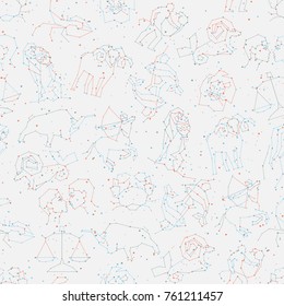 Horoscope seamless pattern, all Zodiac signs in constellation style with line and stars on white background. Endless background of starry zodiac symbols