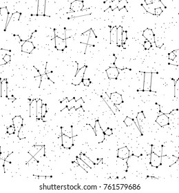 Horoscope seamless pattern, all Zodiac signs in constellation style with line and stars on white background. Endless background of starry zodiac symbols