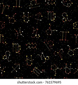 Horoscope seamless pattern, all Zodiac signs in constellation style with line and stars on black sky. Endless background of starry zodiac symbols