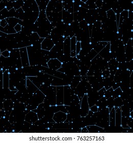 Horoscope seamless pattern, all Zodiac signs in constellation style with line and stars on black sky. Endless background of starry zodiac symbols