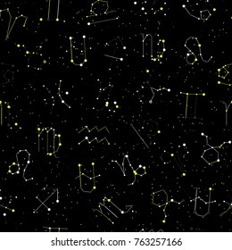 Horoscope seamless pattern, all Zodiac signs in constellation style with line and stars on black sky. Endless background of starry zodiac symbols
