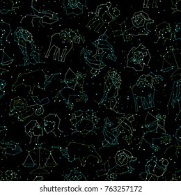 Horoscope seamless pattern, all Zodiac signs in constellation style with line and stars on black sky. Endless background of starry zodiac symbols