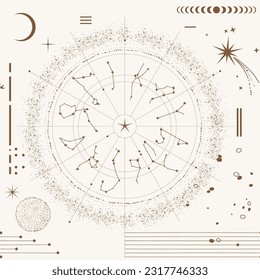 Horoskop nahtlose Muster , esoterische Sternkonstellation, Mondkalender, Mondphasen kosmisches Universum Design. Circle-Dekoration-Hintergrund, Mysterieggalaxie, Tarot, abstrakter Himmelsraum