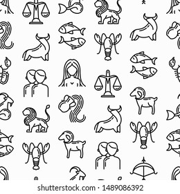 Horoscope seamless pattern with thin line icons. Zodiac signs: capricorn, aquarius, aries, pisces, virgo, libra, scorpio, sagittarius, taurus, gemini, leo. Modern vector illustration.