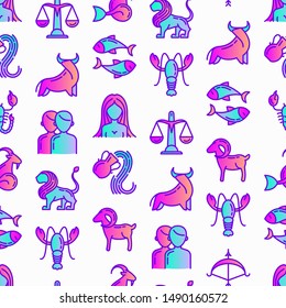 Horoscope seamless pattern with thin line icons. Zodiac signs: capricorn, aquarius, aries, pisces, virgo, libra, scorpio, sagittarius, taurus, gemini, leo. Modern vector illustration.