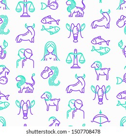 Horoscope seamless pattern with thin line icons. Zodiac signs: capricorn, aquarius, aries, pisces, virgo, libra, scorpio, sagittarius, taurus, gemini, leo. Modern vector illustration.