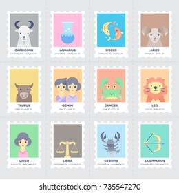 Horoscope Set  Cute Illustration of Zodiac Signs in Cartoon Flat Style Vector